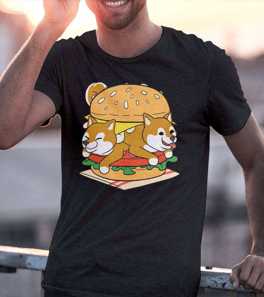 Shiba Inu Hamburger Parody With Cute Dog Duo Inside Cheeseburger Bun T-Shirt