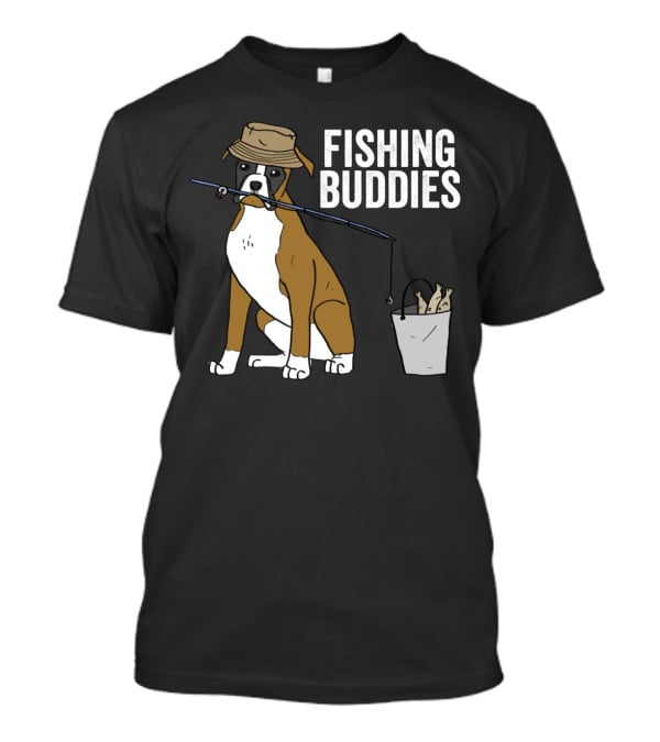 Boxer Dog Fishing Buddies Cartoon With Hat And Fishing Rod T-Shirt