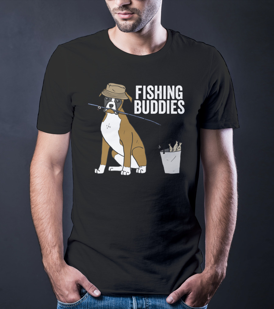 Boxer Dog Fishing Buddies Cartoon With Hat And Fishing Rod T-Shirt