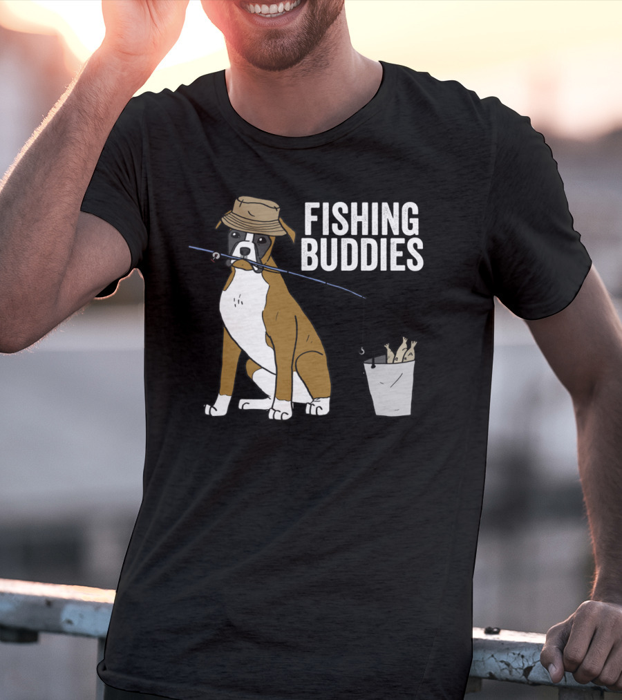 Boxer Dog Fishing Buddies Cartoon With Hat And Fishing Rod T-Shirt