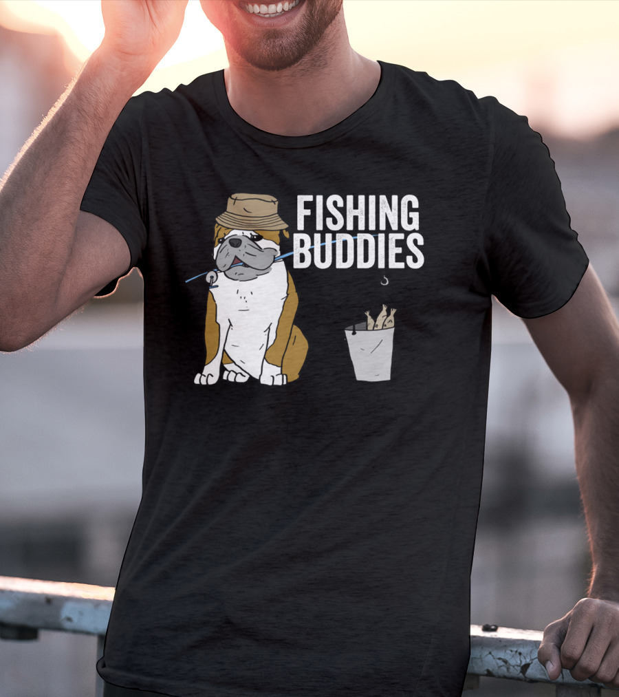 Bulldog Wearing Hat With Fishing Hook And Bucket - Fun Fishing Buddies T-Shirt