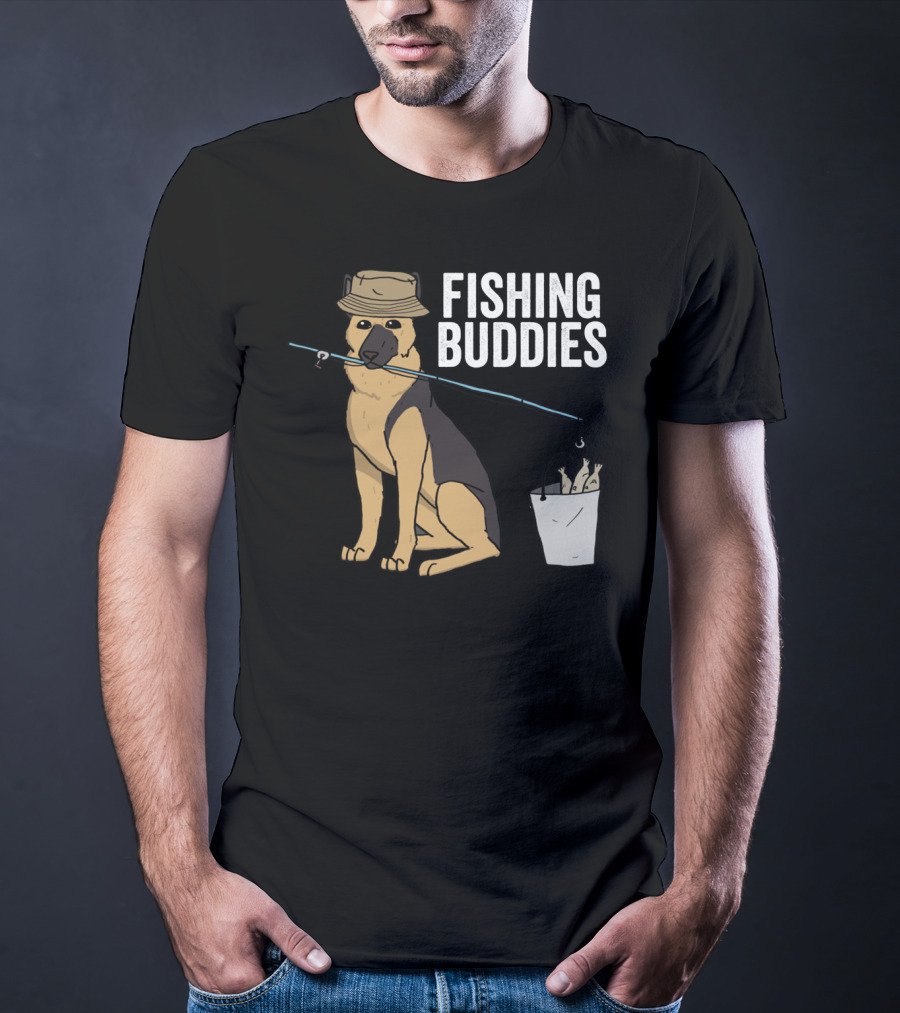 Fishing Buddies German Shepherd Bucket And Fishing Rod T-Shirt