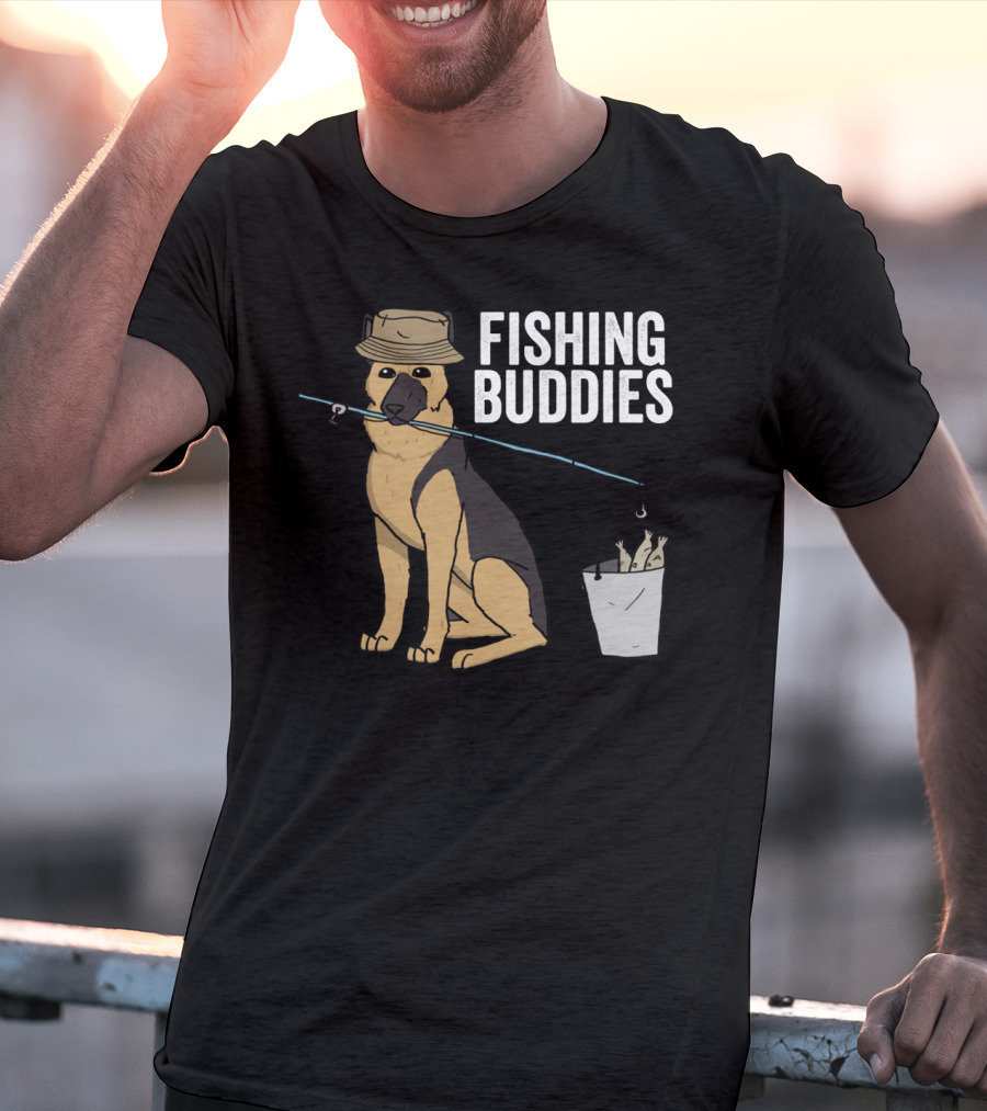 Fishing Buddies German Shepherd Bucket And Fishing Rod T-Shirt