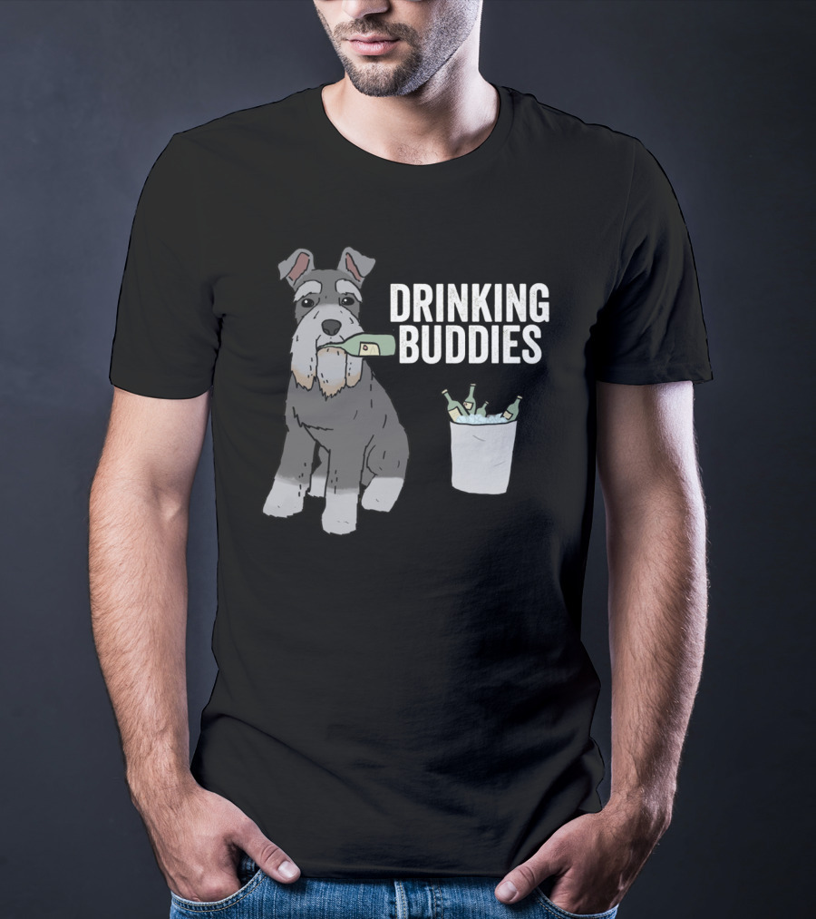 Schnauzer With Beer Bottle And Ice Bucket - Drinking Buddies T-Shirt