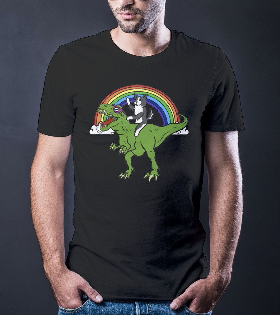 Border Collie Riding T-Rex With Rainbow T-Shirt