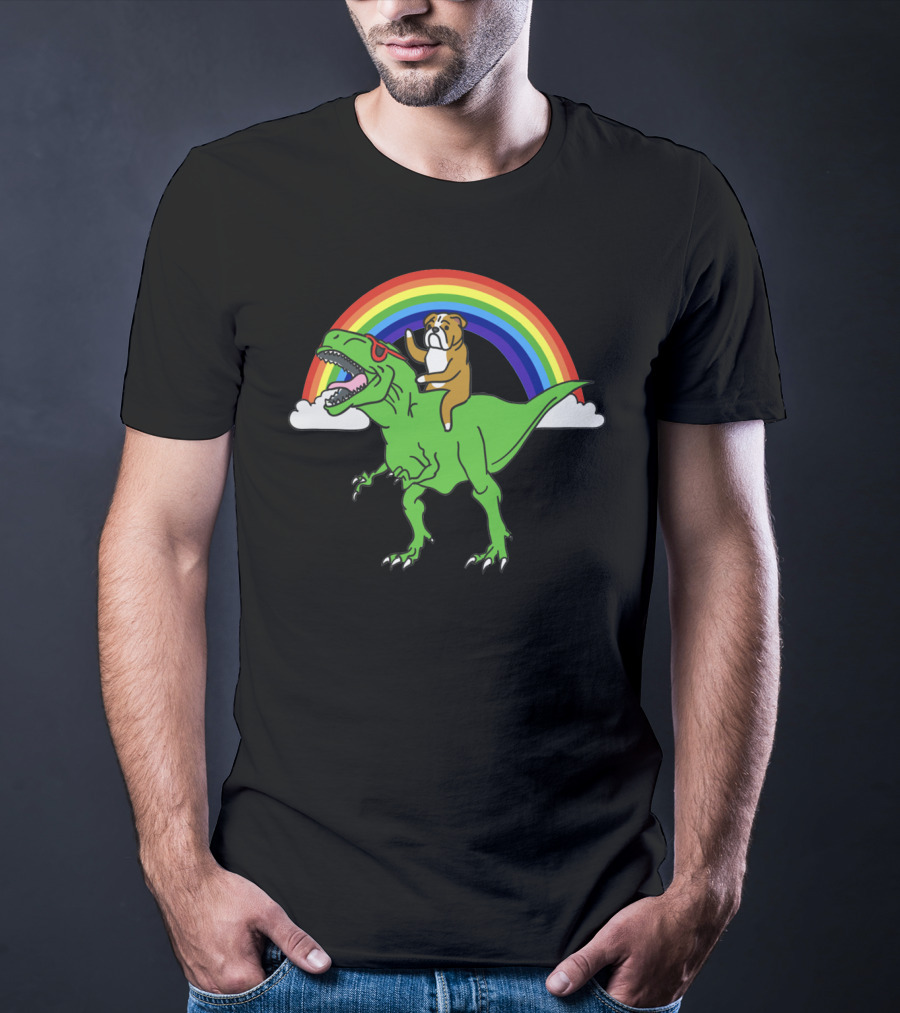 Bulldog Riding T-Rex With Rainbow And Sunglasses T-Shirt