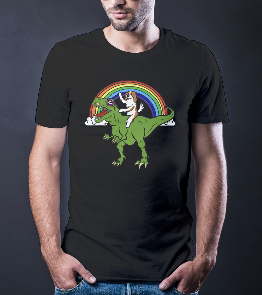 Cavalier Dinosaur With Dog And Rainbow T-Shirt