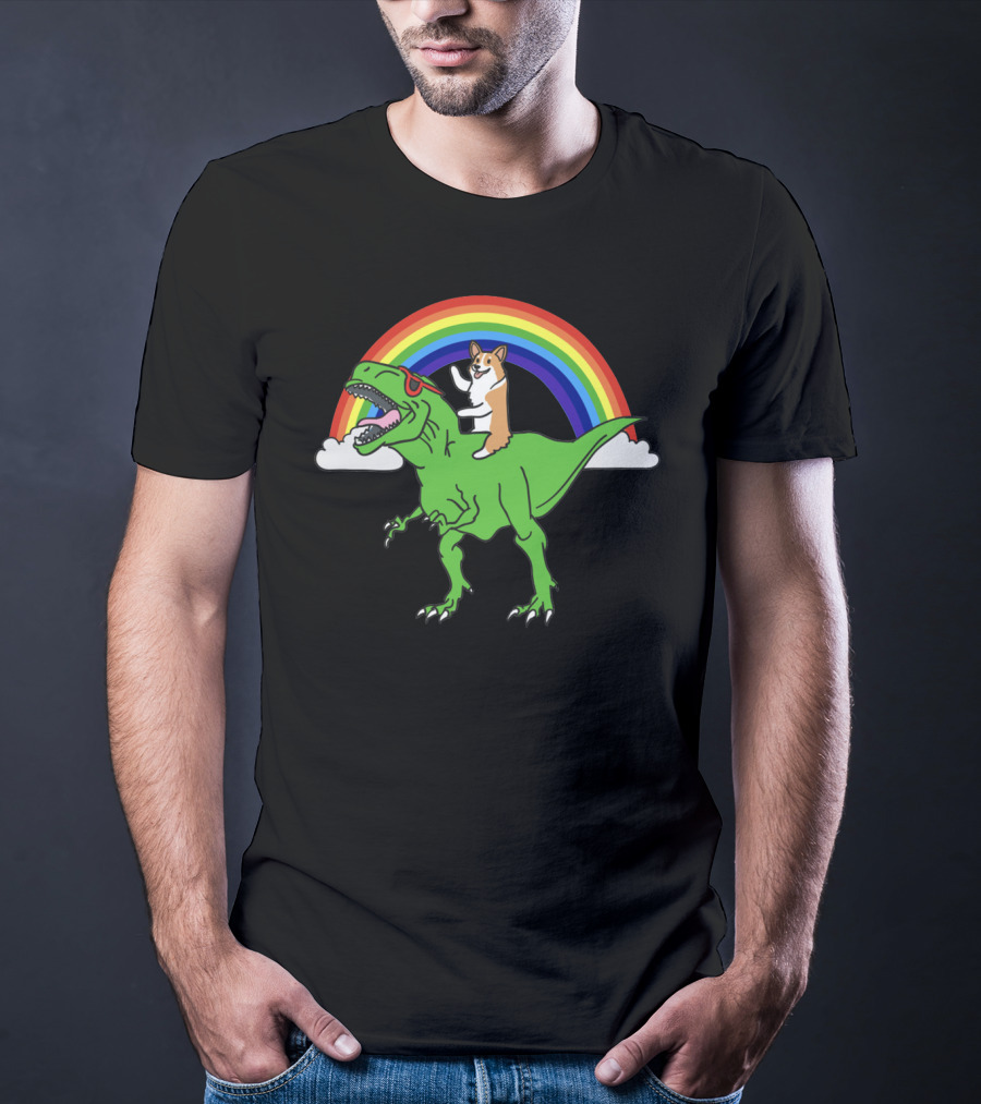 Corgi Dinosaur Riding T-Rex With Rainbow And Sunglasses T-Shirt