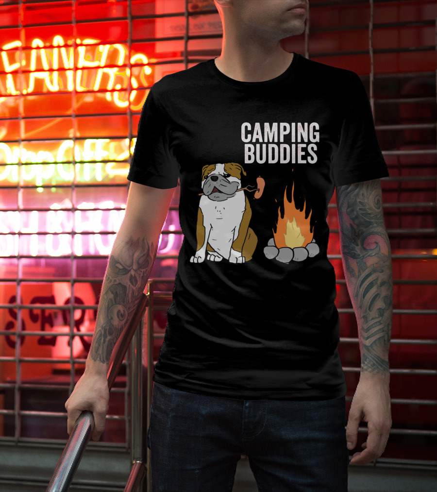 Bulldog Enjoying Campfire With Sausage And Camping Buddies T-Shirt