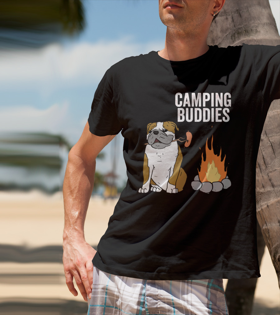 Bulldog Enjoying Campfire With Sausage And Camping Buddies T-Shirt