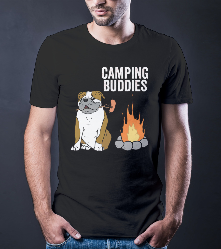Bulldog Enjoying Campfire With Sausage And Camping Buddies T-Shirt