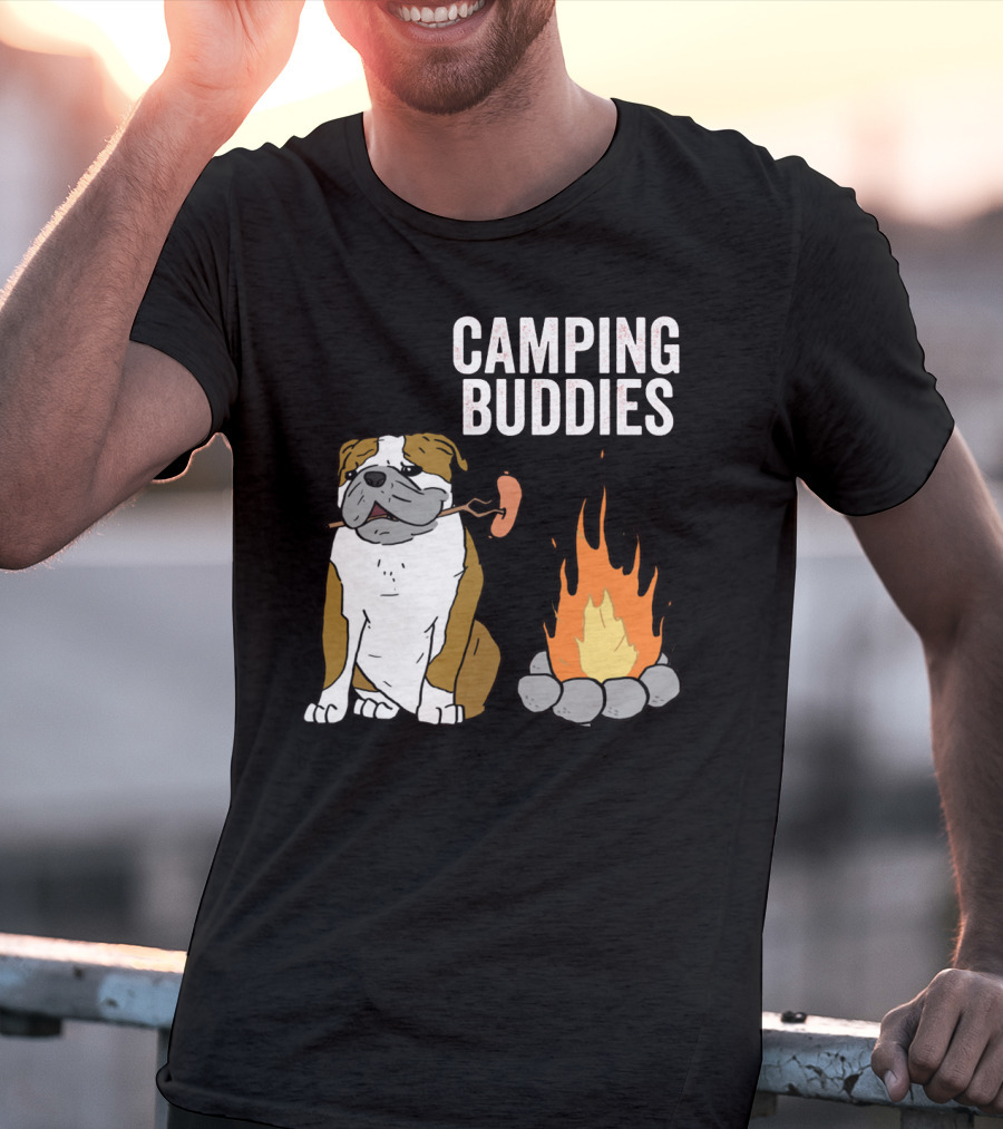 Bulldog Enjoying Campfire With Sausage And Camping Buddies T-Shirt