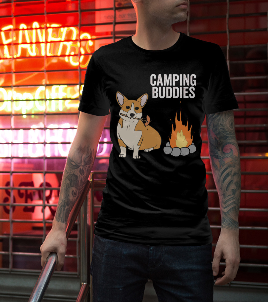 Corgi Roasting Marshmallow By Campfire - Camping Buddies Adventure T-Shirt