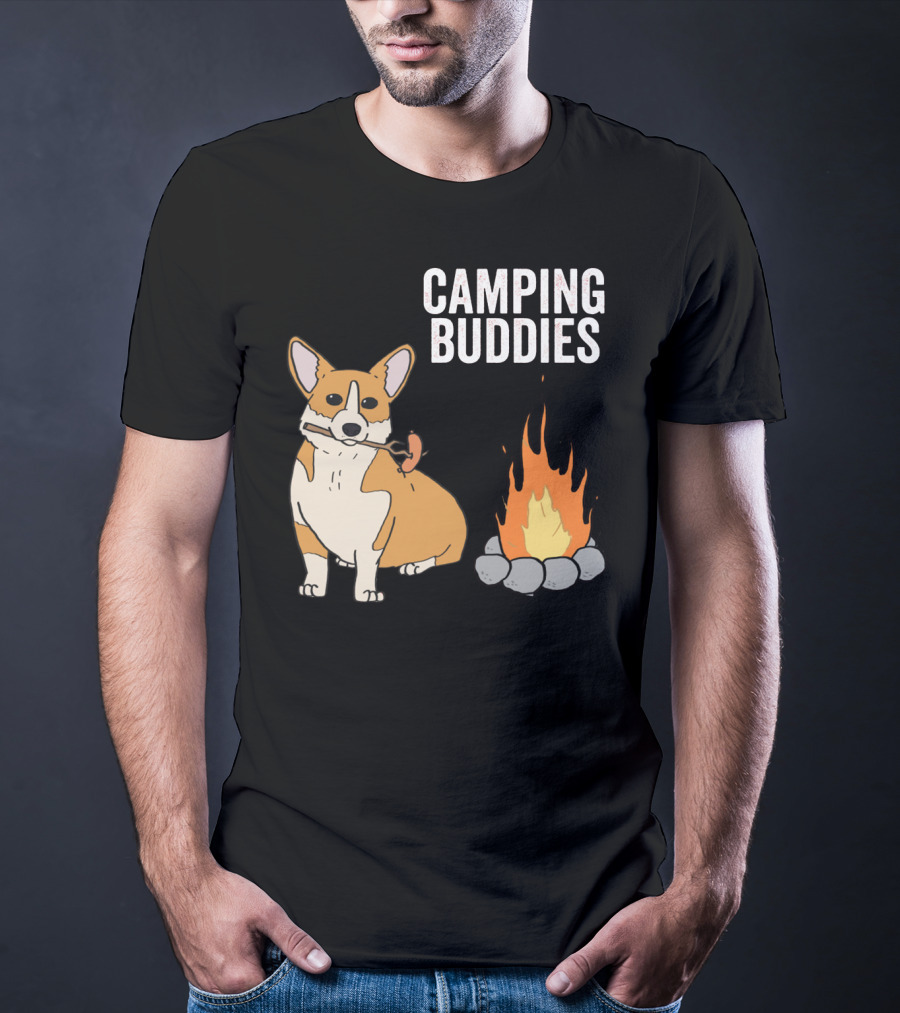Corgi Roasting Marshmallow By Campfire - Camping Buddies Adventure T-Shirt