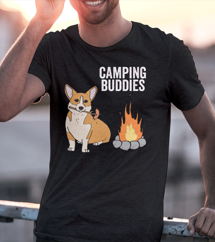 Corgi Roasting Marshmallow By Campfire - Camping Buddies Adventure T-Shirt