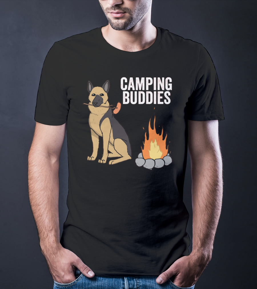 Camping Buddies German Shepherd Roasting By Campfire T-Shirt