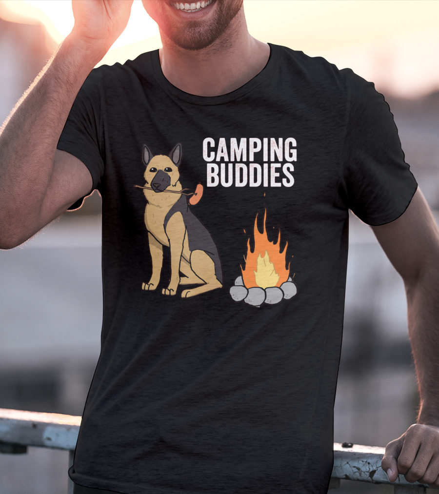 Camping Buddies German Shepherd Roasting By Campfire T-Shirt