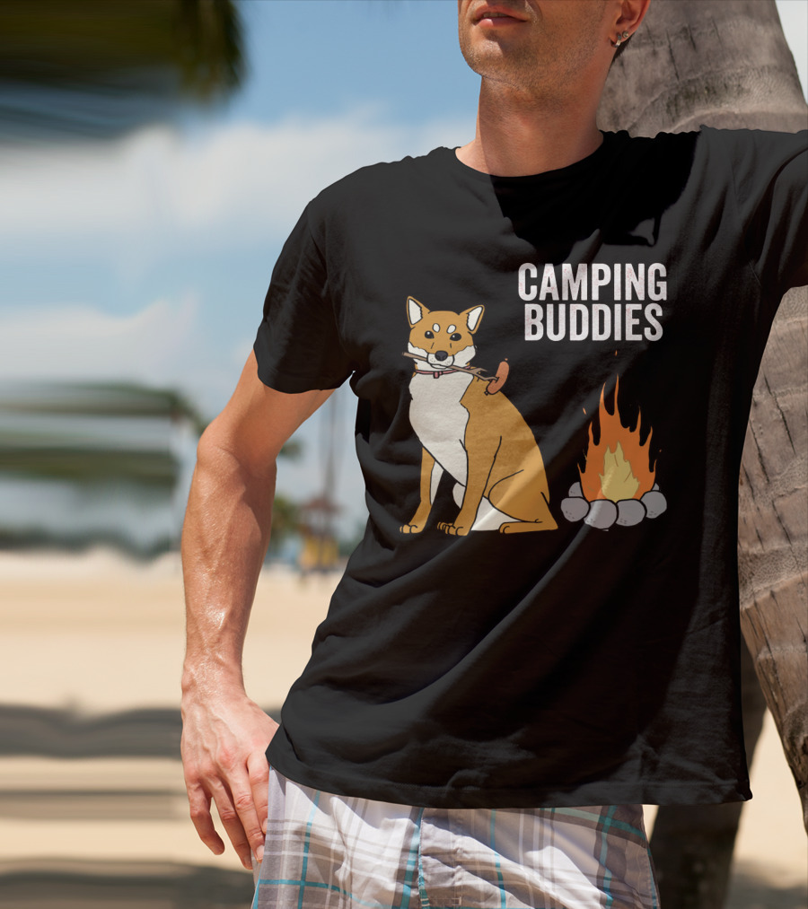 Camping Buddies Shiba Inu Roasting Sausage Near Campfire T-Shirt