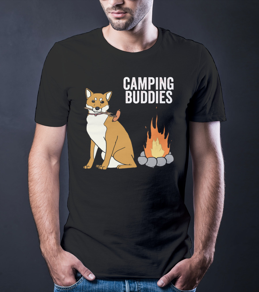 Camping Buddies Shiba Inu Roasting Sausage Near Campfire T-Shirt