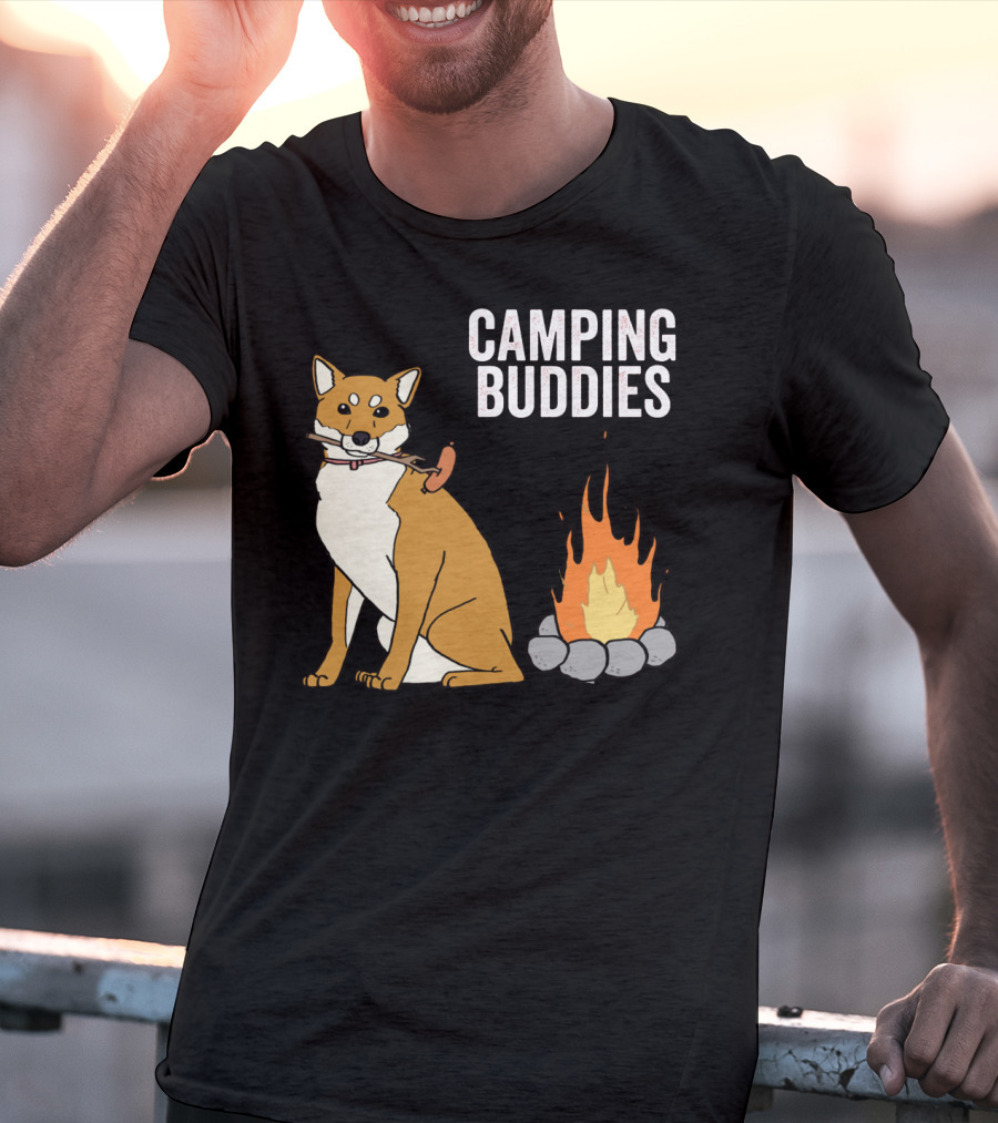 Camping Buddies Shiba Inu Roasting Sausage Near Campfire T-Shirt