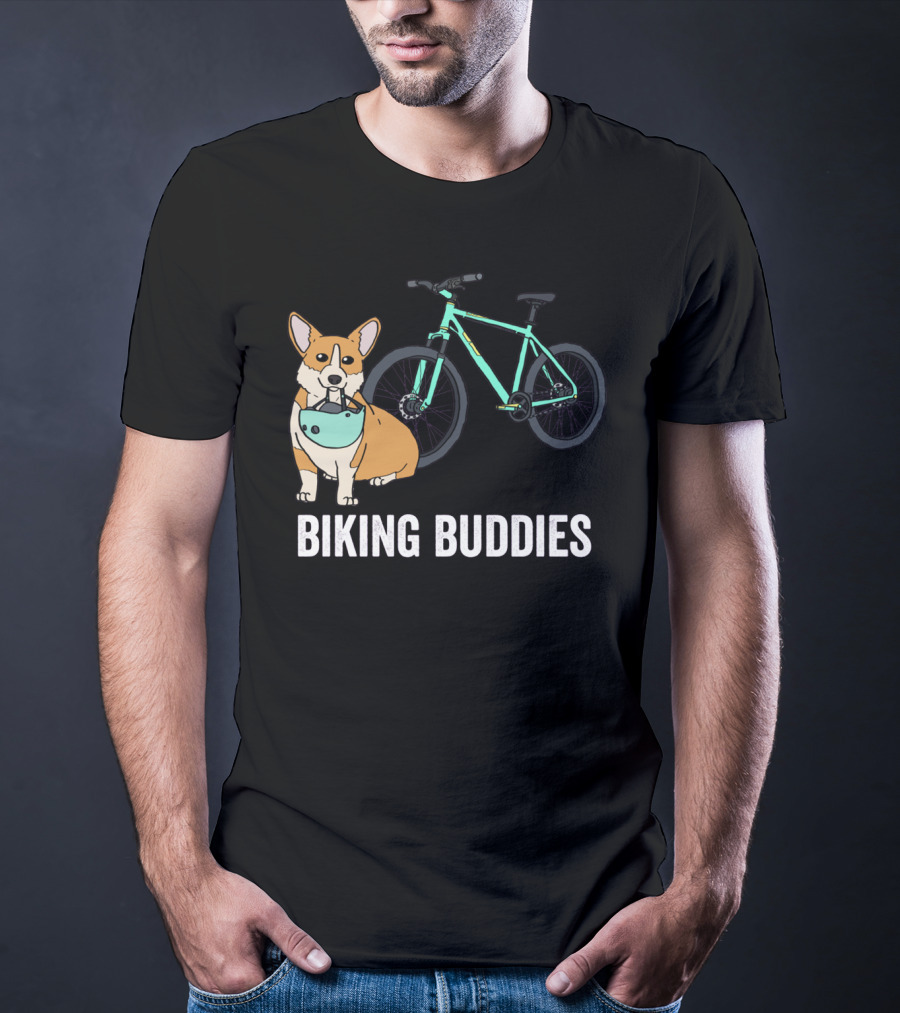Corgi Biking Buddies With Bicycle Helmet And Mountain Bike T-Shirt