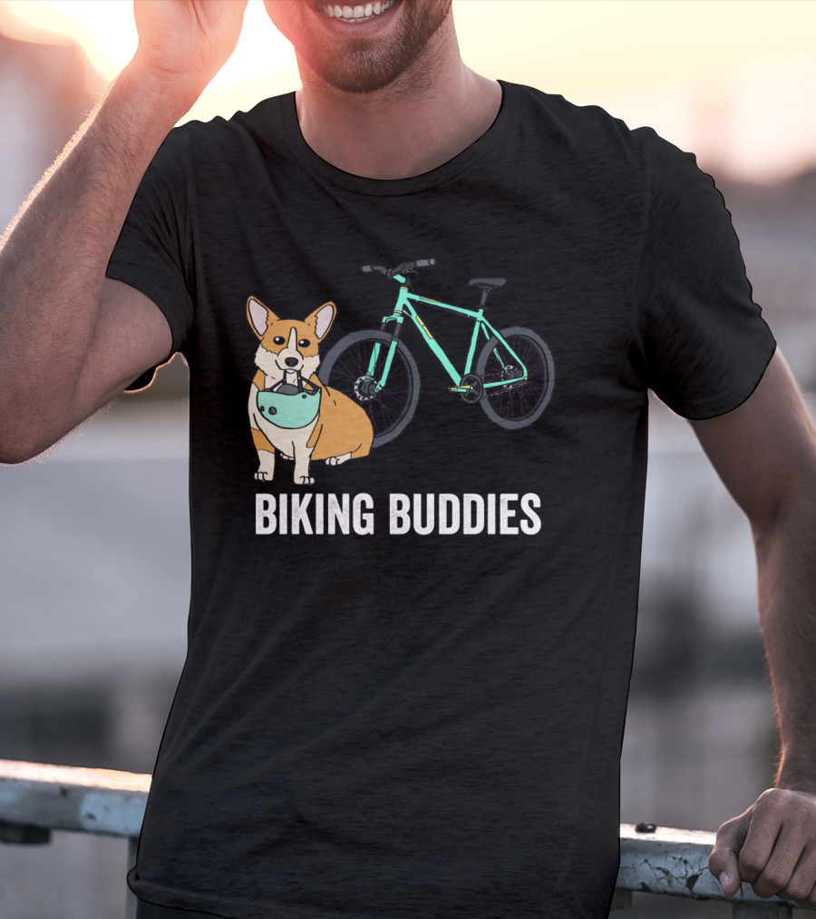 Corgi Biking Buddies With Bicycle Helmet And Mountain Bike T-Shirt