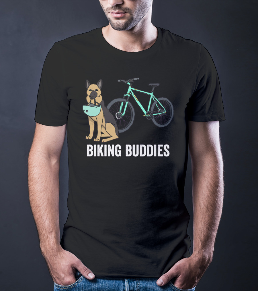 Biking Buddies German Shepherd With Bicycle Helmet And Bike T-Shirt