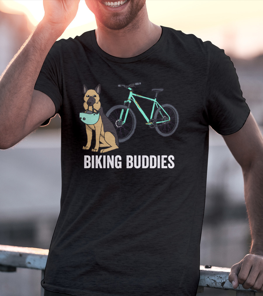 Biking Buddies German Shepherd With Bicycle Helmet And Bike T-Shirt