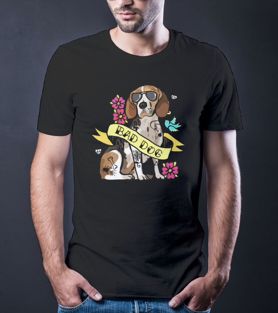 Bad Dog Beagle With Sunglasses And Tattoos Surrounded By Flowers And Bird T-Shirt
