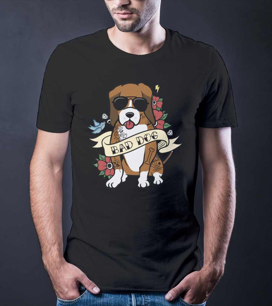 Bad Dog Basset Hound With Sunglasses And Tattoo Motifs T-Shirt