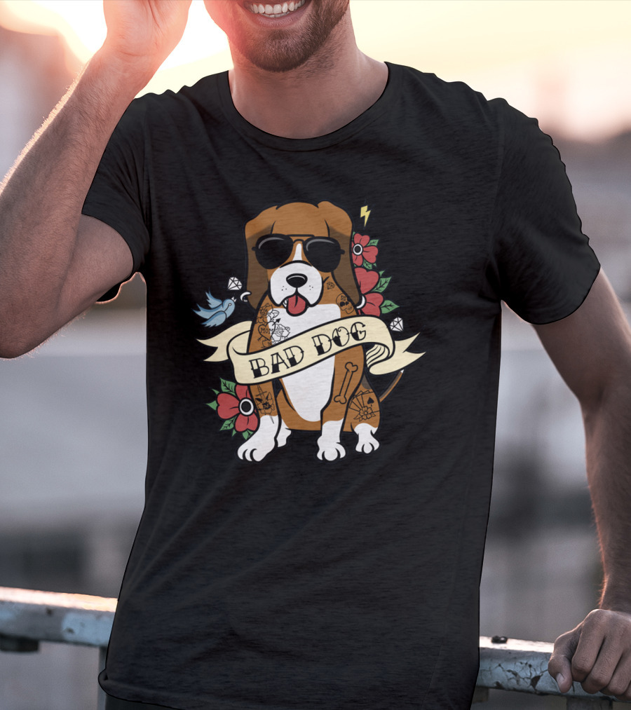 Bad Dog Basset Hound With Sunglasses And Tattoo Motifs T-Shirt