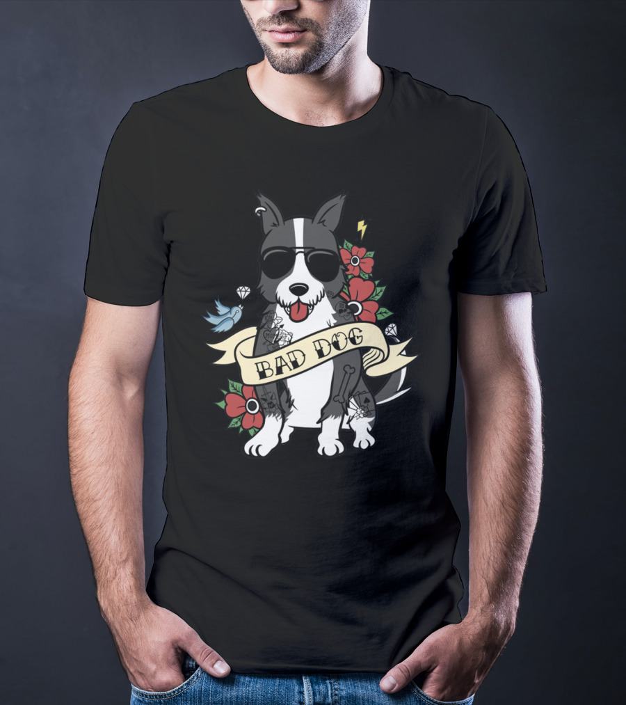 Border Collie Bad Dog Tattoo Style With Sunglasses And Flowers T-Shirt