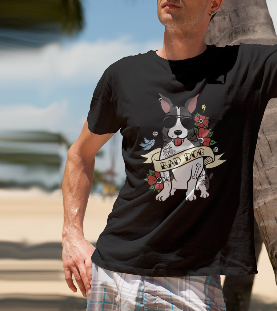 Bad Dog Boston Terrier With Tattoos And Sunglasses Floral And Lightning T-Shirt