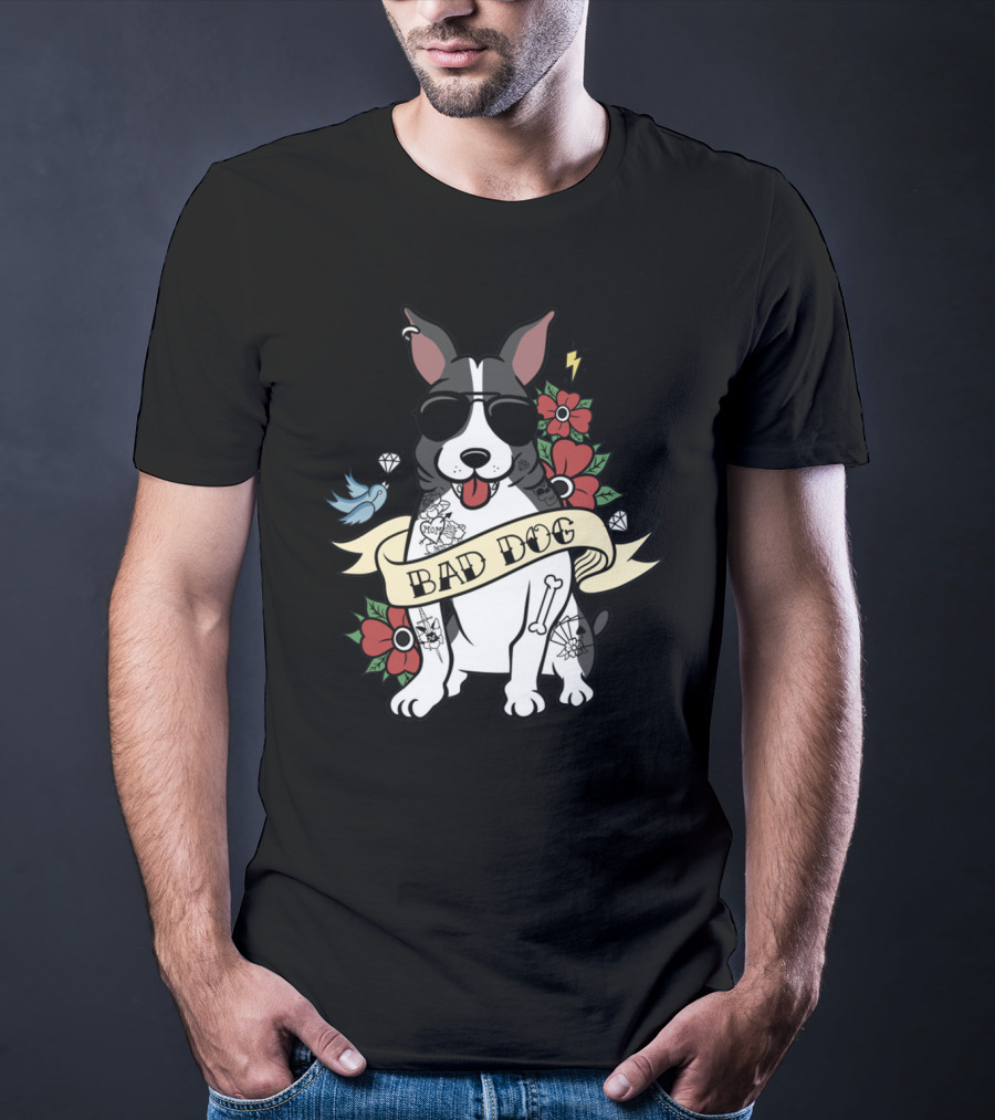 Bad Dog Boston Terrier With Tattoos And Sunglasses Floral And Lightning T-Shirt