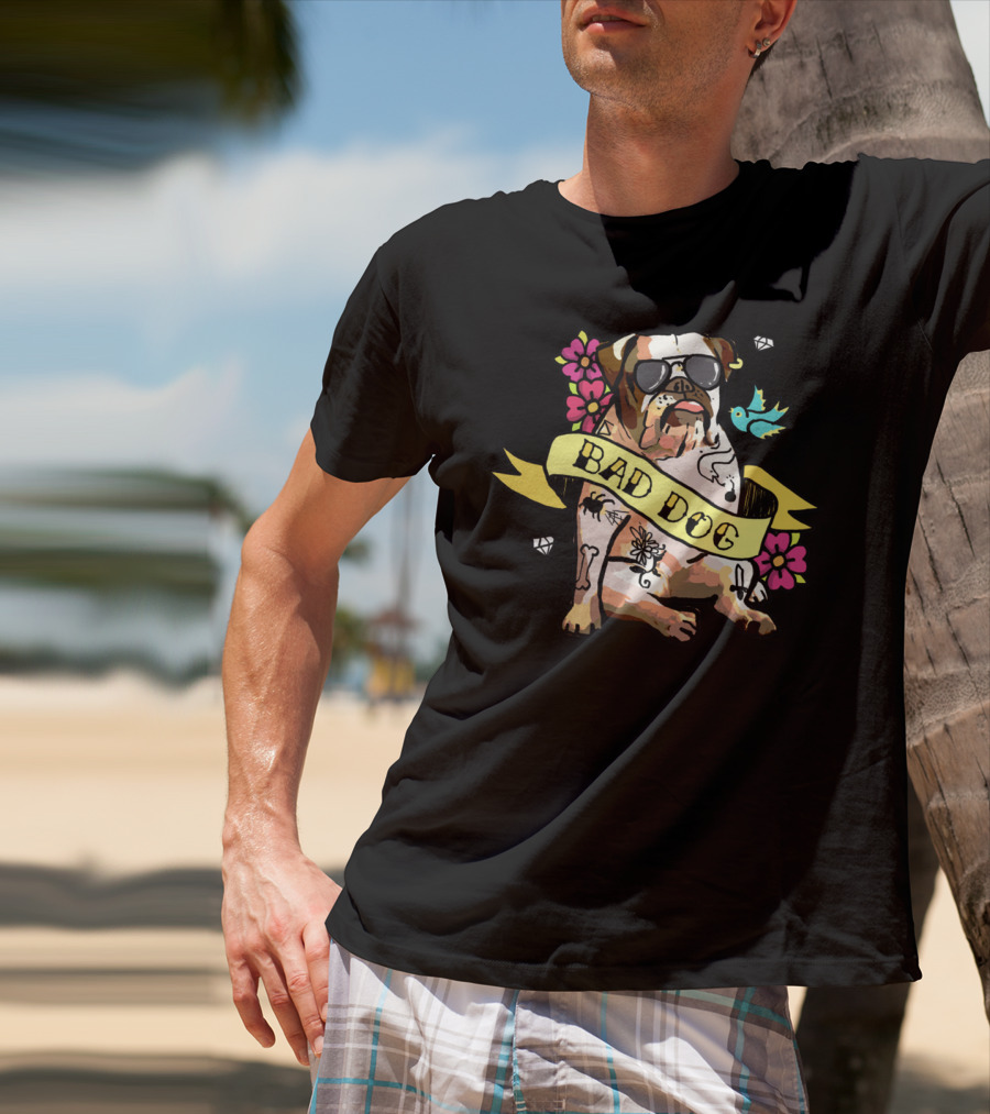 Bad Dog Bulldog With Tattoos And Sunglasses Amidst Flowers And Bluebird T-Shirt