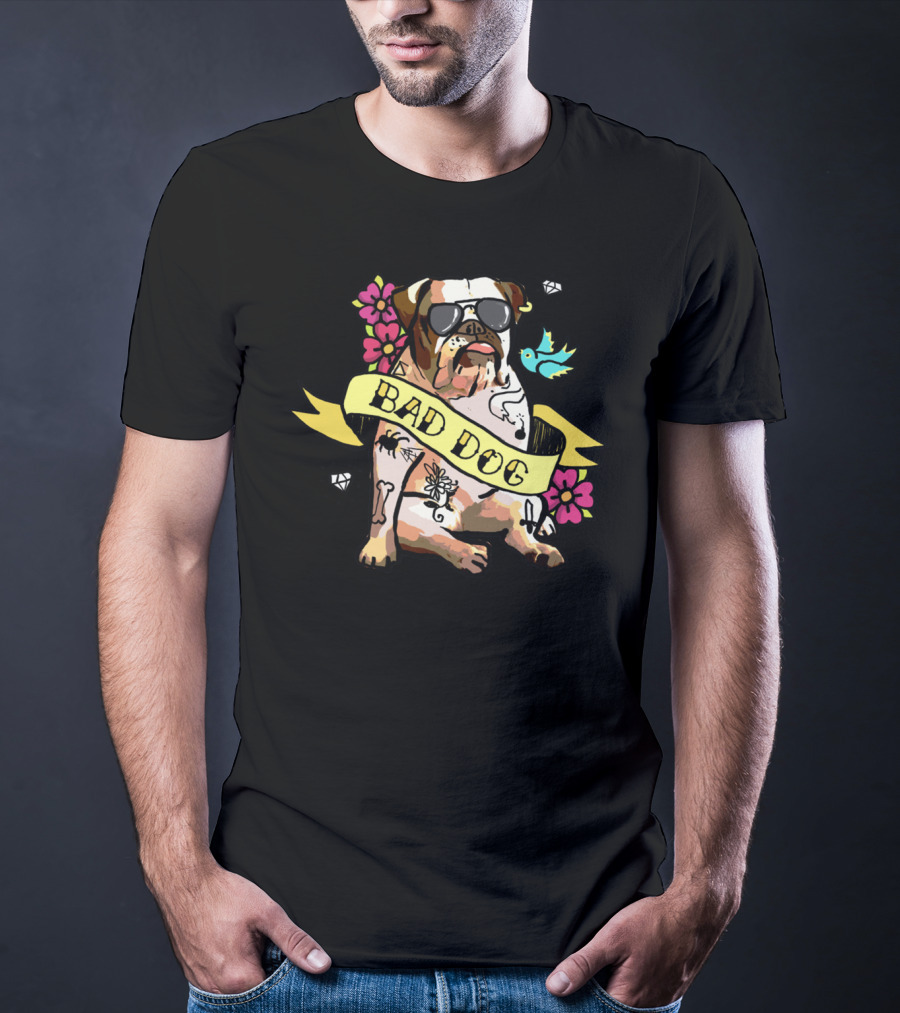 Bad Dog Bulldog With Tattoos And Sunglasses Amidst Flowers And Bluebird T-Shirt