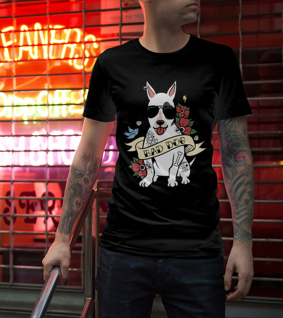 BAD DOG Tattooed Bull Terrier With Sunglasses And Flowers T-Shirt