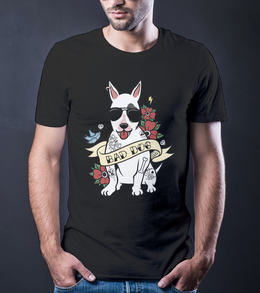 BAD DOG Tattooed Bull Terrier With Sunglasses And Flowers T-Shirt
