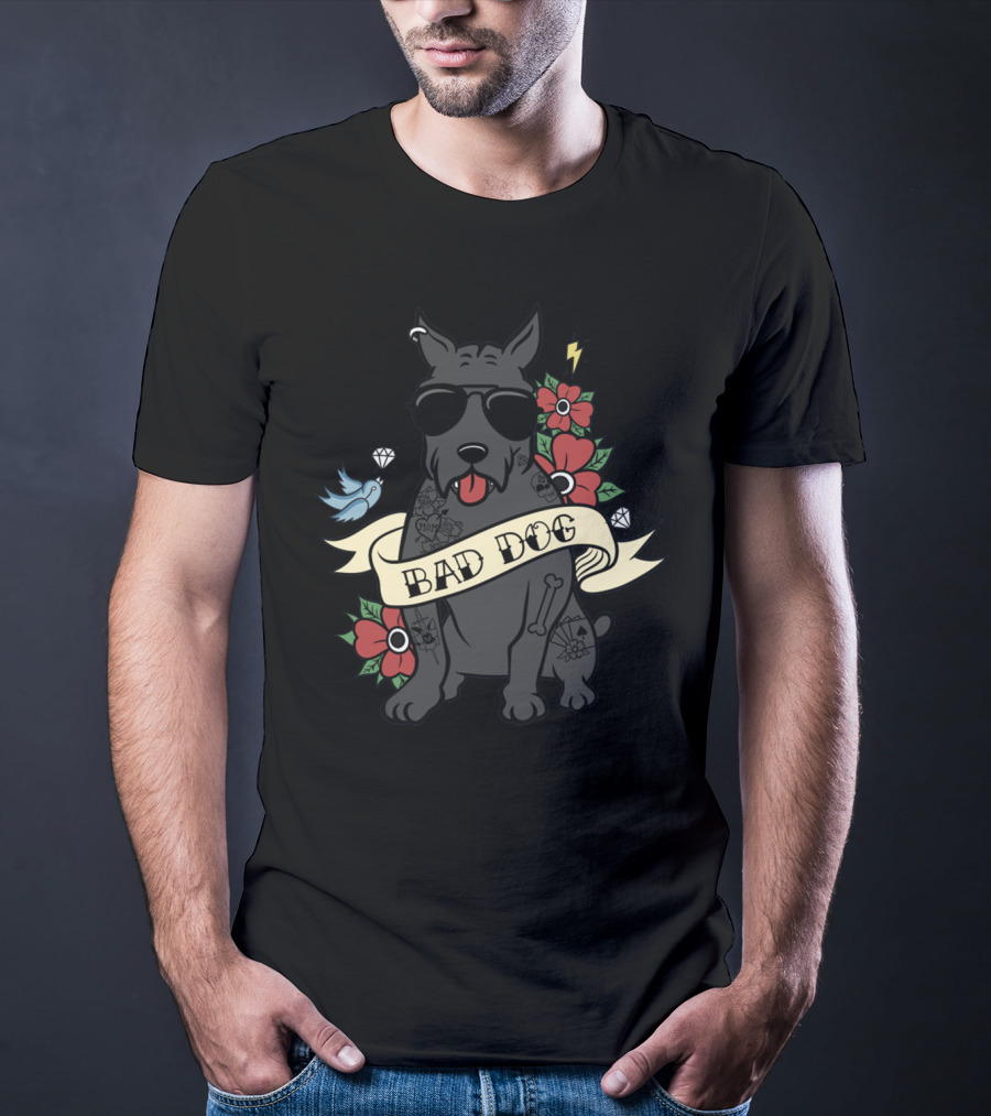 Cane Corso Bad Dog Sunglasses Tattoo Art With Flowers Lightning Bone Banner T-Shirt