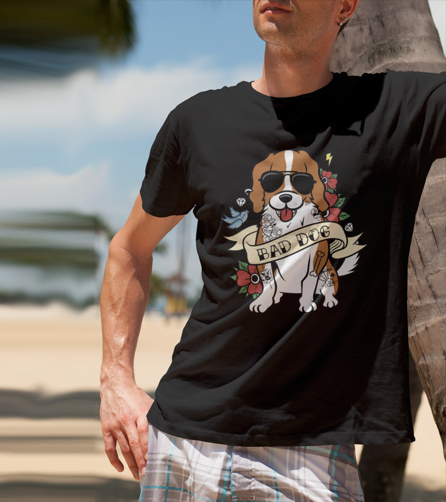 Cavalier Bad Dog With Tattoos And Sunglasses Surrounded By Flowers And Symbols T-Shirt