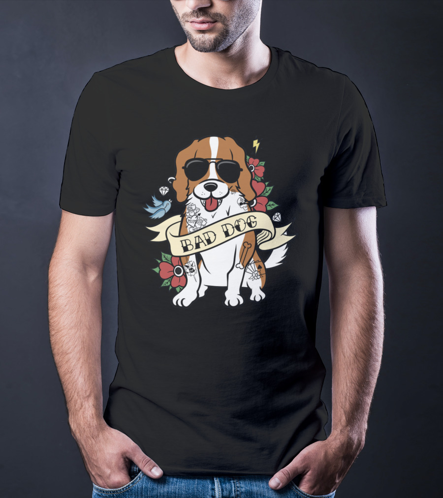 Cavalier Bad Dog With Tattoos And Sunglasses Surrounded By Flowers And Symbols T-Shirt