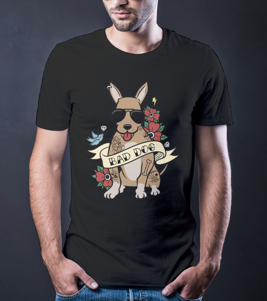 Chihuahua Bad Dog Tattoo Style With Sunglasses Flowers And Bird T-Shirt