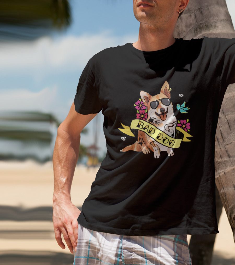 Bad Dog Corgi With Sunglasses And Flowers T-Shirt