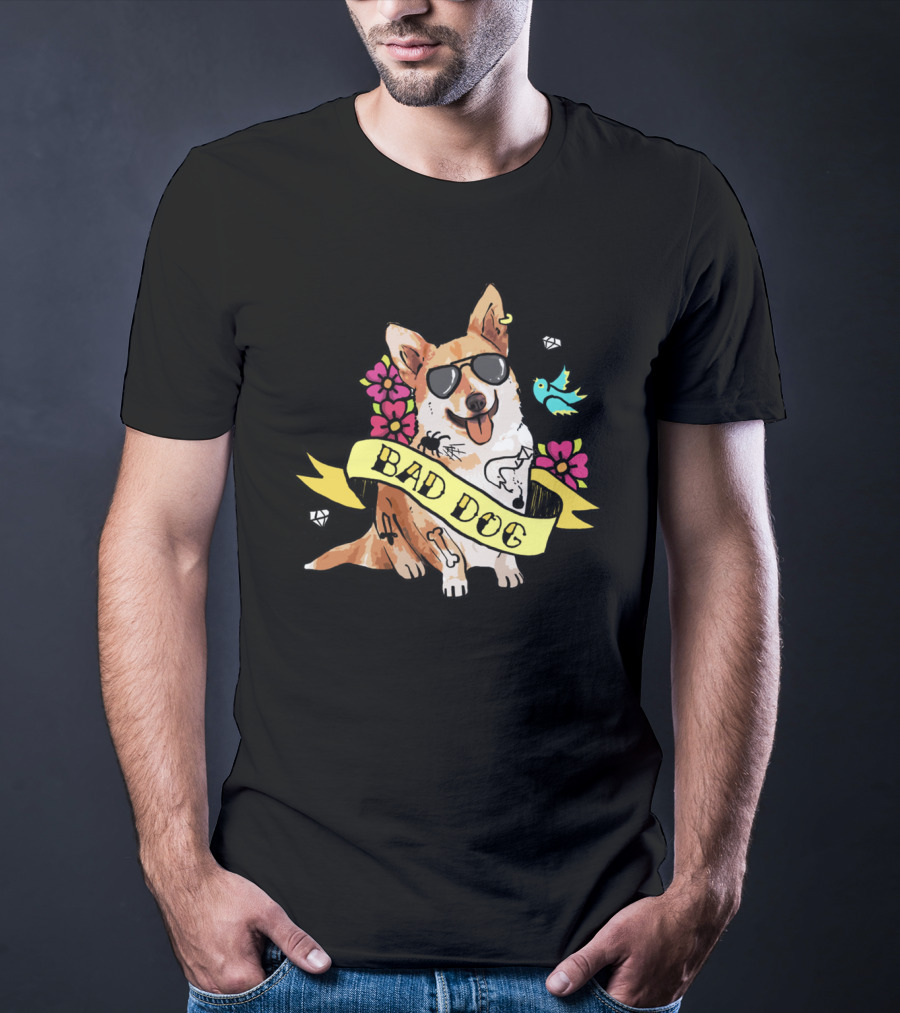 Bad Dog Corgi With Sunglasses And Flowers T-Shirt