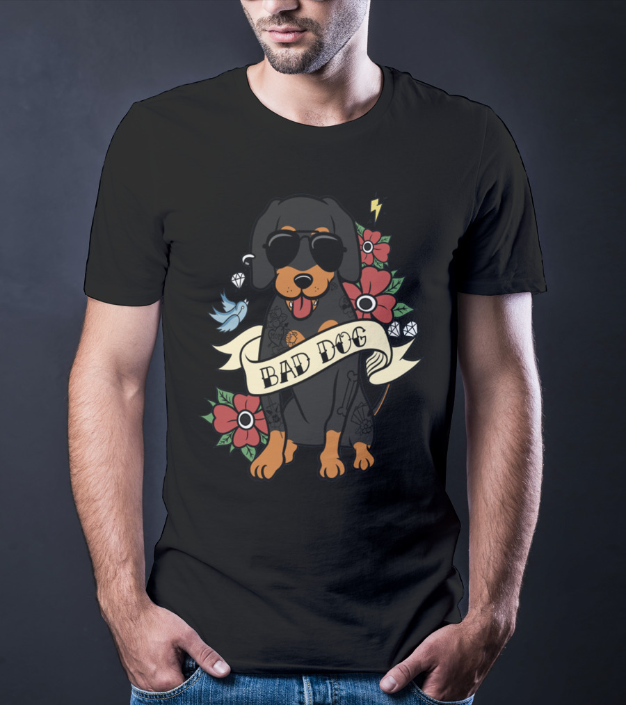 Bad Dog Cool Dachshund With Sunglasses And Tattoos Surrounded By Flowers And Lightning T-Shirt
