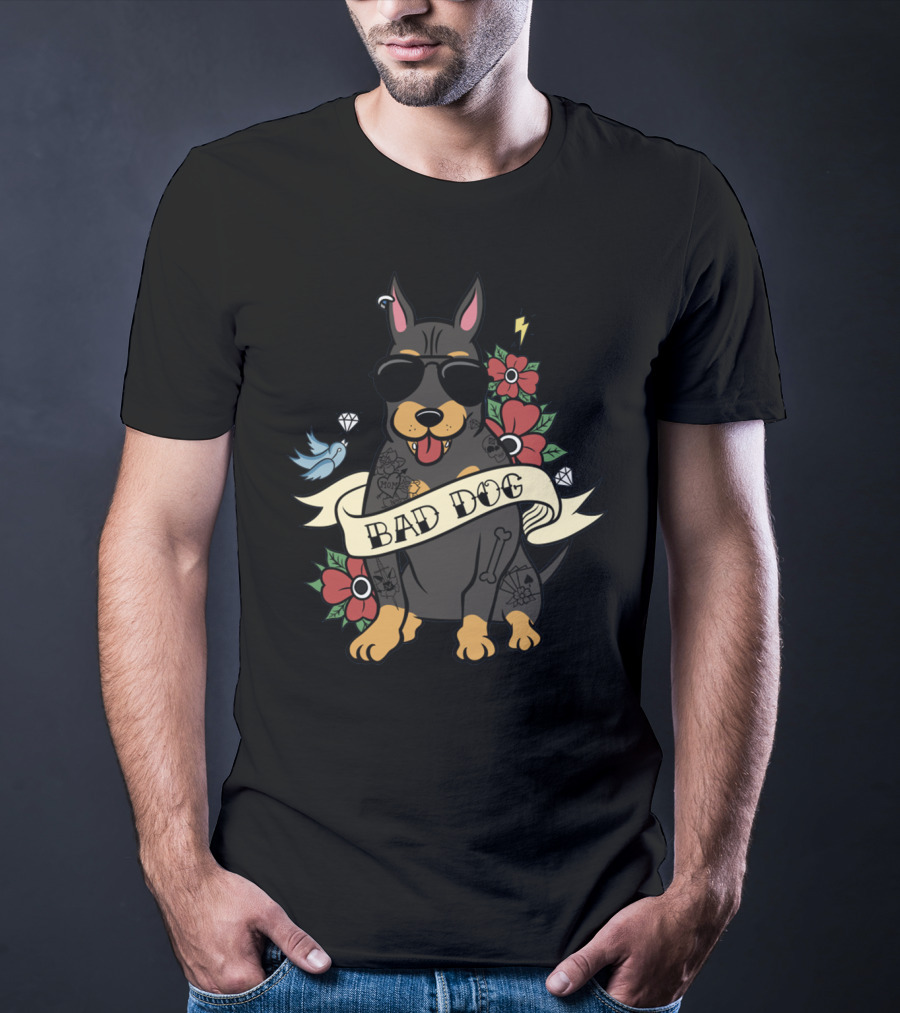 Bad Dog Doberman With Sunglasses And Tattoos Surrounded By Flowers And Bird Icons T-Shirt