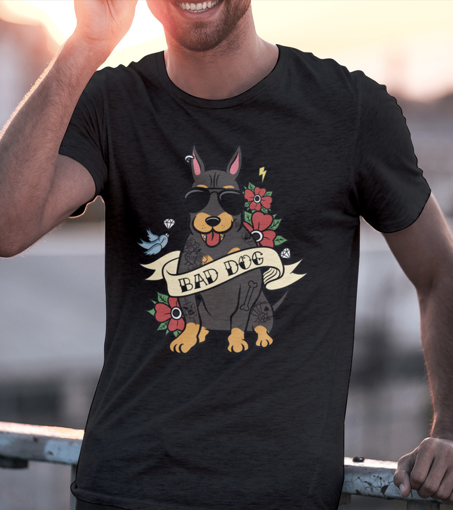 Bad Dog Doberman With Sunglasses And Tattoos Surrounded By Flowers And Bird Icons T-Shirt