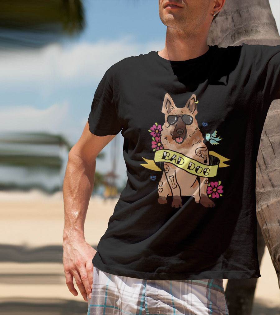 German Shepherd Bad Dog Cool Sunglasses Tattoo Style Flowers And Bird Banner T-Shirt