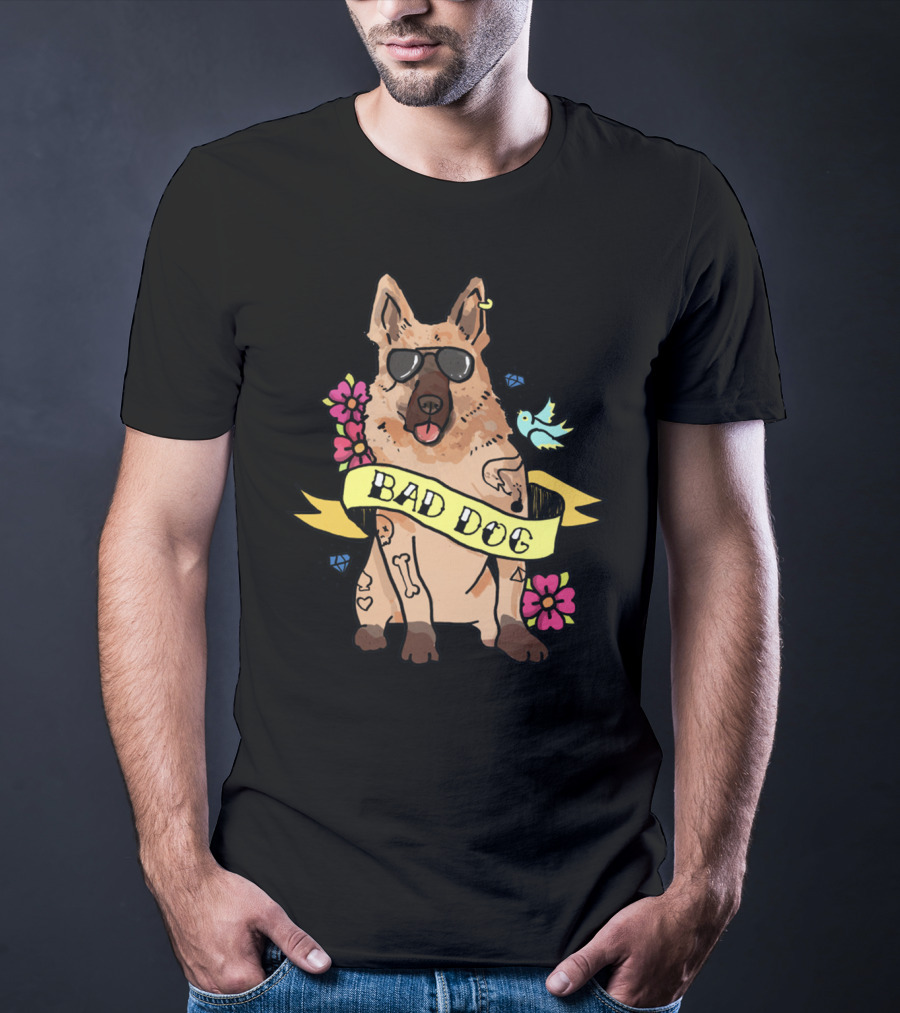 German Shepherd Bad Dog Cool Sunglasses Tattoo Style Flowers And Bird Banner T-Shirt