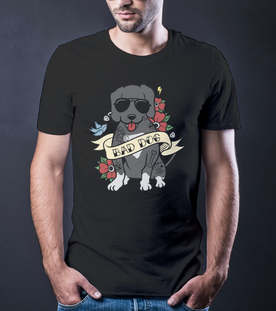 Great Dane Bad Dog Sunglasses Tattoo Flowers Bird Cartoon T-Shirt